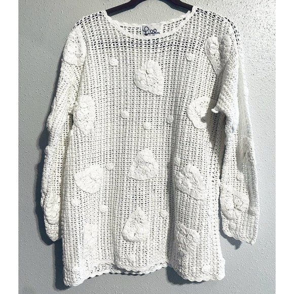 Lilly Pulitzer Sweaters - LILLY PULITZER White Womens Crochet Open Knit Sweater Vintage Hearts Large